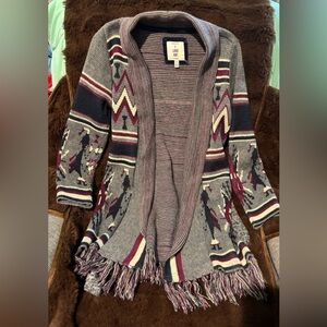 Love Gray and Red Cardigan Sweater with Geometric Design